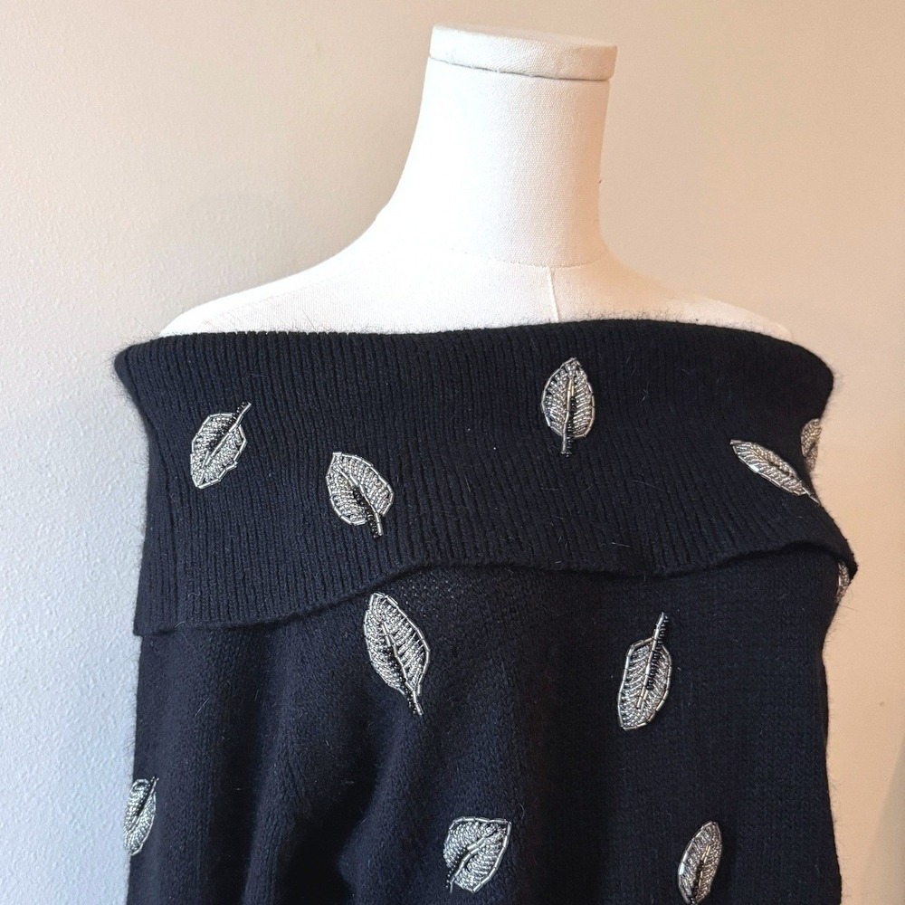 EMT Black Off-Shoulder Sweater‎ Beaded Silk/Angora 90s Y2K Glam Goth Knit